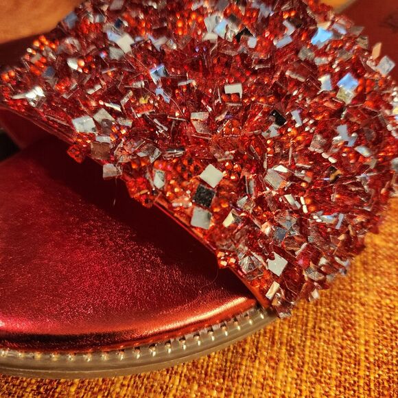 H2K Womens Glitter Bling Fancy Slide Flat Low Wedge Sparkle Sandals Shoes Red - Picture 8 of 8